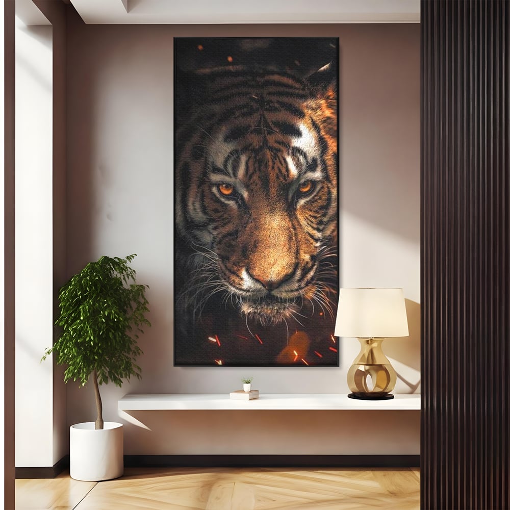 Tablou canvas cu tablou canvas cu cap de tigru si scantei, in rama de aluminiu negru